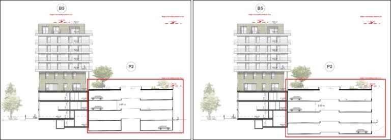 Figure 1 – Case study parking garage cross section with a traditionally designed garage (red box in the left image) and a flexibly designed garage (red box in the right image) © Chair for Infrastructure Management, ETH Zurich.