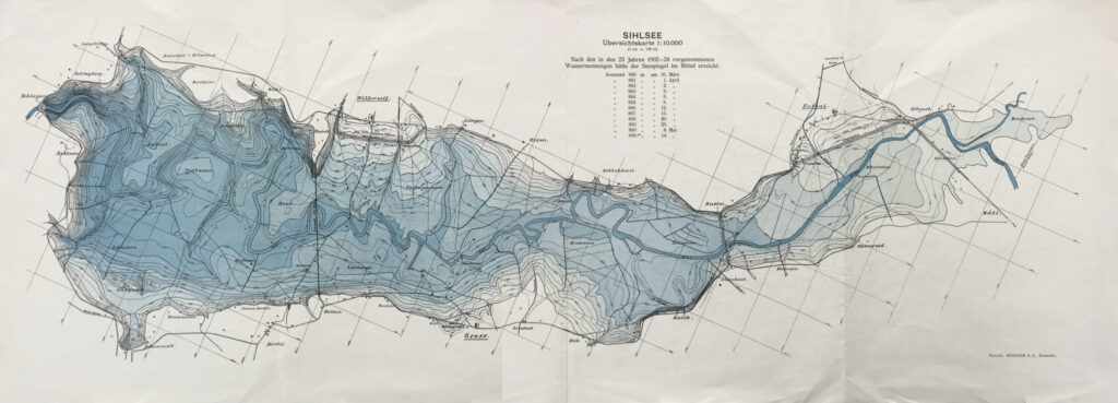 Mappa dei livelli dell’acqua del lago artificiale, 1924-1937 circa. Autore sconosciuto. Copyright: Klosterarchiv Einsiedeln. KAE Plan 3.0225.0015.