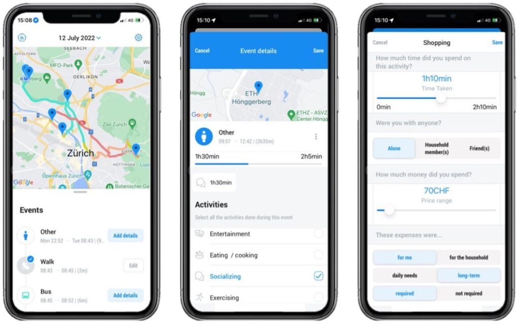 Screenshots from the app used for the TimeUse+ diary study. Passive GPS tracks are presented to participants as Events (left). Events are annotated with activity-level information (middle). Depending on the activity, participants report additional attributes like activity duration, whether anyone else is with them, and whether they are spending any money on a given activity (right). © IVT, ETH Zürich