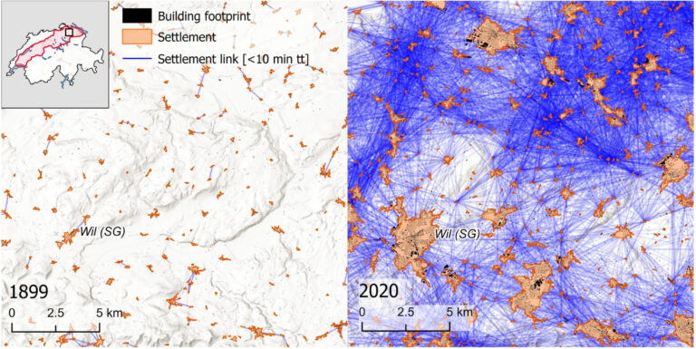 Example of the settlement network evolution between 1899 and 2020. This depiction shows the same area in the north-east of the study area, between Winterthur (ZH) and St. Gallen (SG), at two different time steps. The settlement links represent pairs of settlements that are reachable within 10 min of travel time (tt). The size of the settlements has changed over time, as they have sprawled and merged with one another. Hill-shade map source: ESRI, CGIAR, and USGS