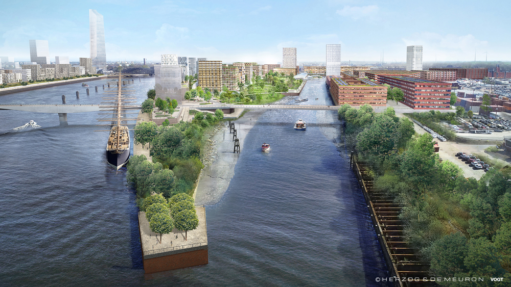 In Hamburg entwirft Vogt die Aussenbereiche für einen neuen Stadtteil auf der Halbinsel Grasbrook (Bild: Herzog und de Meuron / Vogt Landschaftsarchitekten)