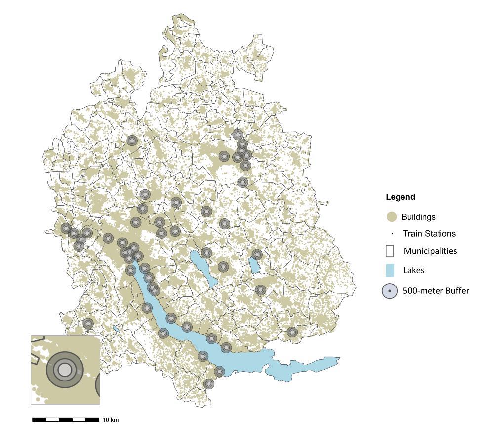 Map of the Canton of Zurich including the stations that were studied