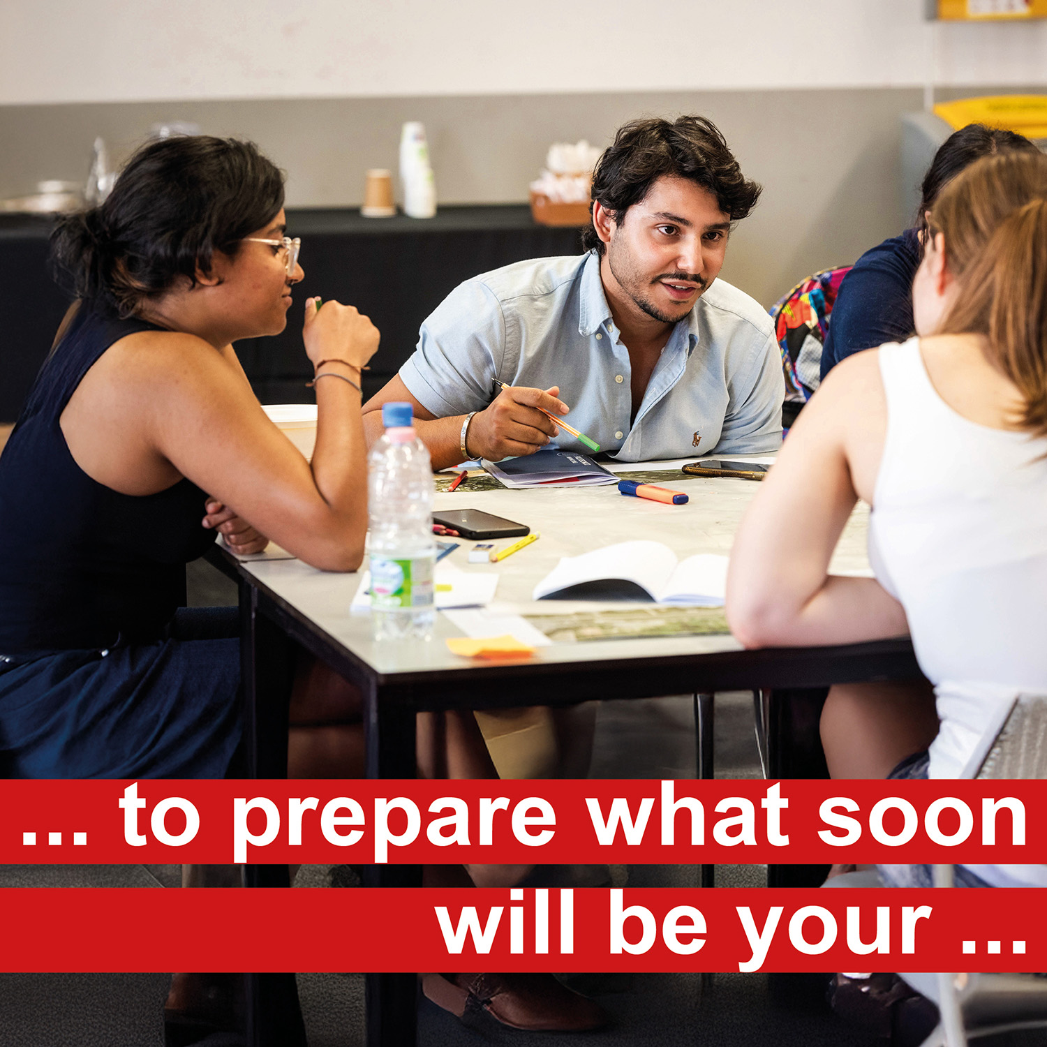 Three students sitting and eating on a table. Text: ...to prepare what soon will be your...