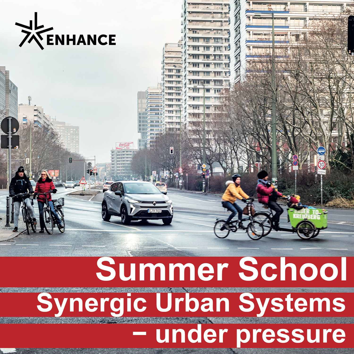 Traffic scene in a city. Text: summer school synergic urban systems - under pressure