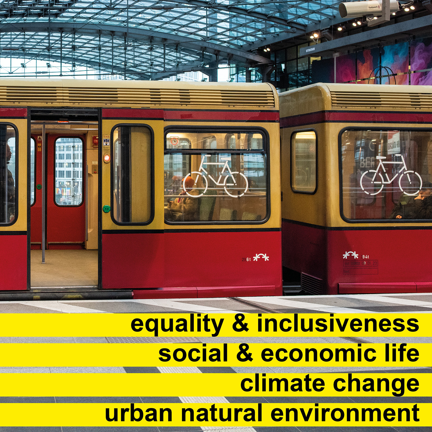 Train without stairs and bycicle signs at the window. Text: equality & inclusiveness, social & economic life, climate change, urban natural environment